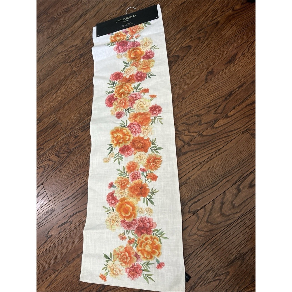 NWT Cynthia Rowley Table Runner Orange Yellow Pink Marigold Floral Cream 14x48